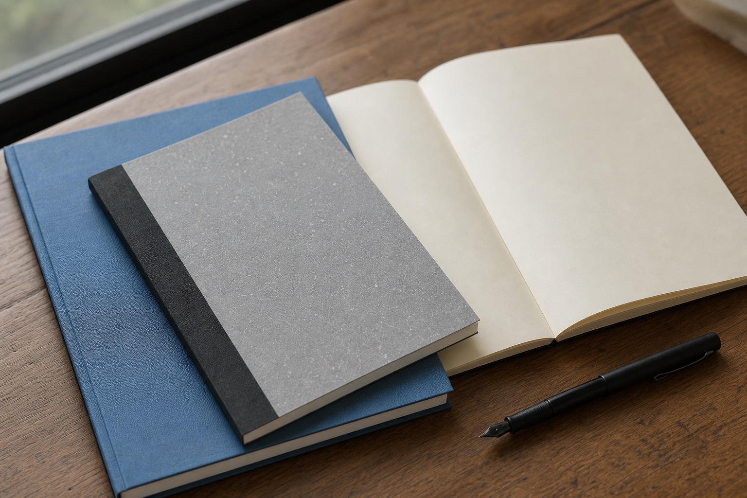 A stack of Japanese notebooks — Kokuyo Campus, Midori MD, and Tsubame — open on a wooden desk