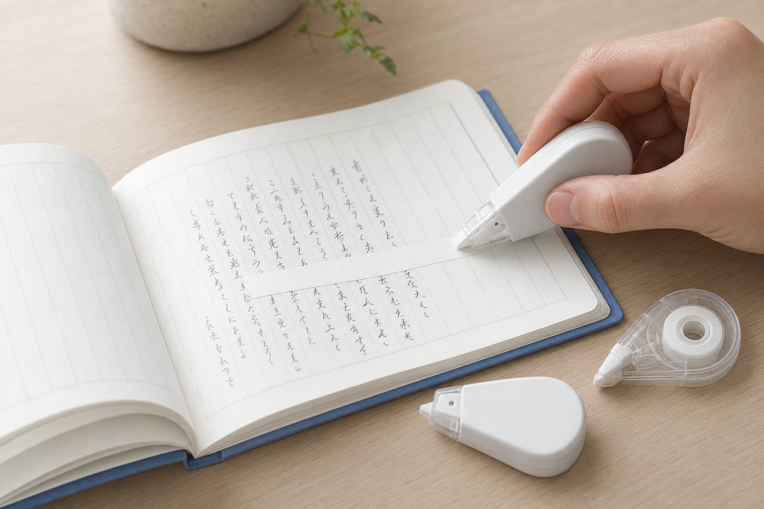 A hand pulling a strip of white correction tape across a handwritten line in a blue-covered Japanese notebook, with two more tape dispensers on the wooden desk beside it