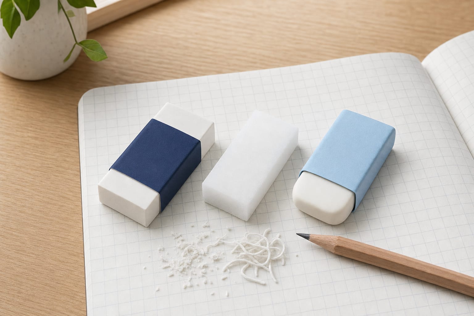 A white Tombow MONO eraser, a translucent Sakura Foam Eraser, and a Plus Air-in eraser lined up on a grid notebook next to a small pile of eraser shavings