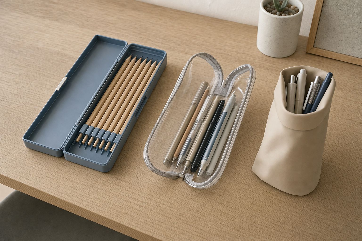 A hard double-sided Japanese school pencil case open next to a clear vinyl pencil case and a soft silicone stand-up pencil case, showing three different Japanese pencil case styles side by side