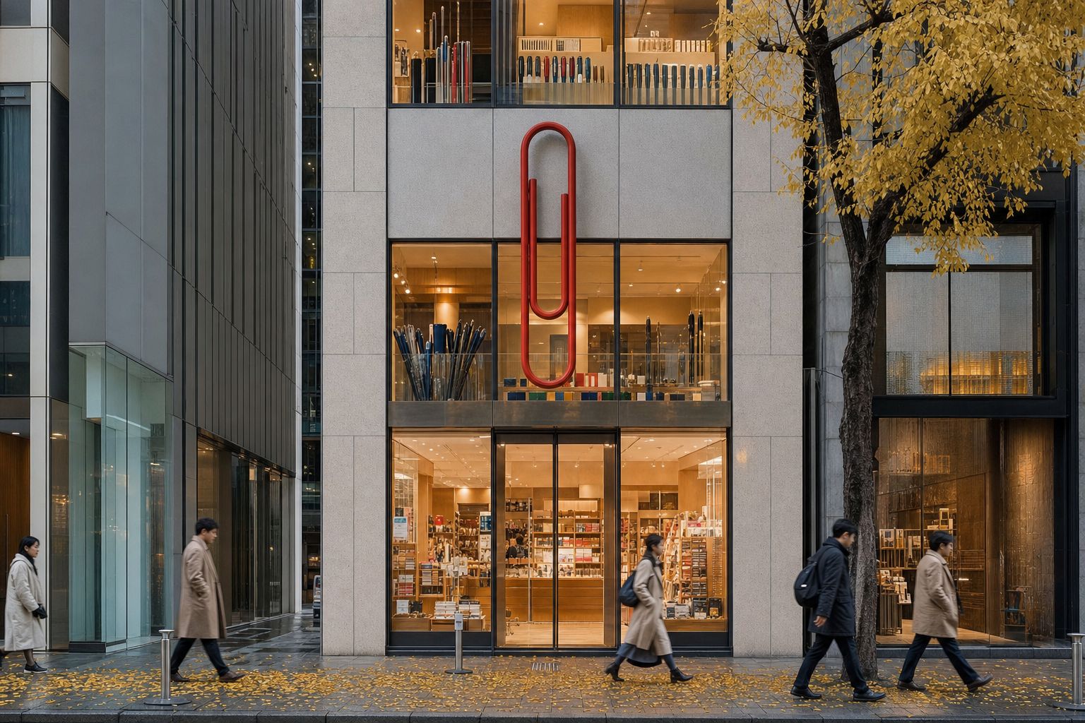 The multi-floor Ito-ya stationery building in Ginza, Tokyo, with its red paper clip sign above the entrance