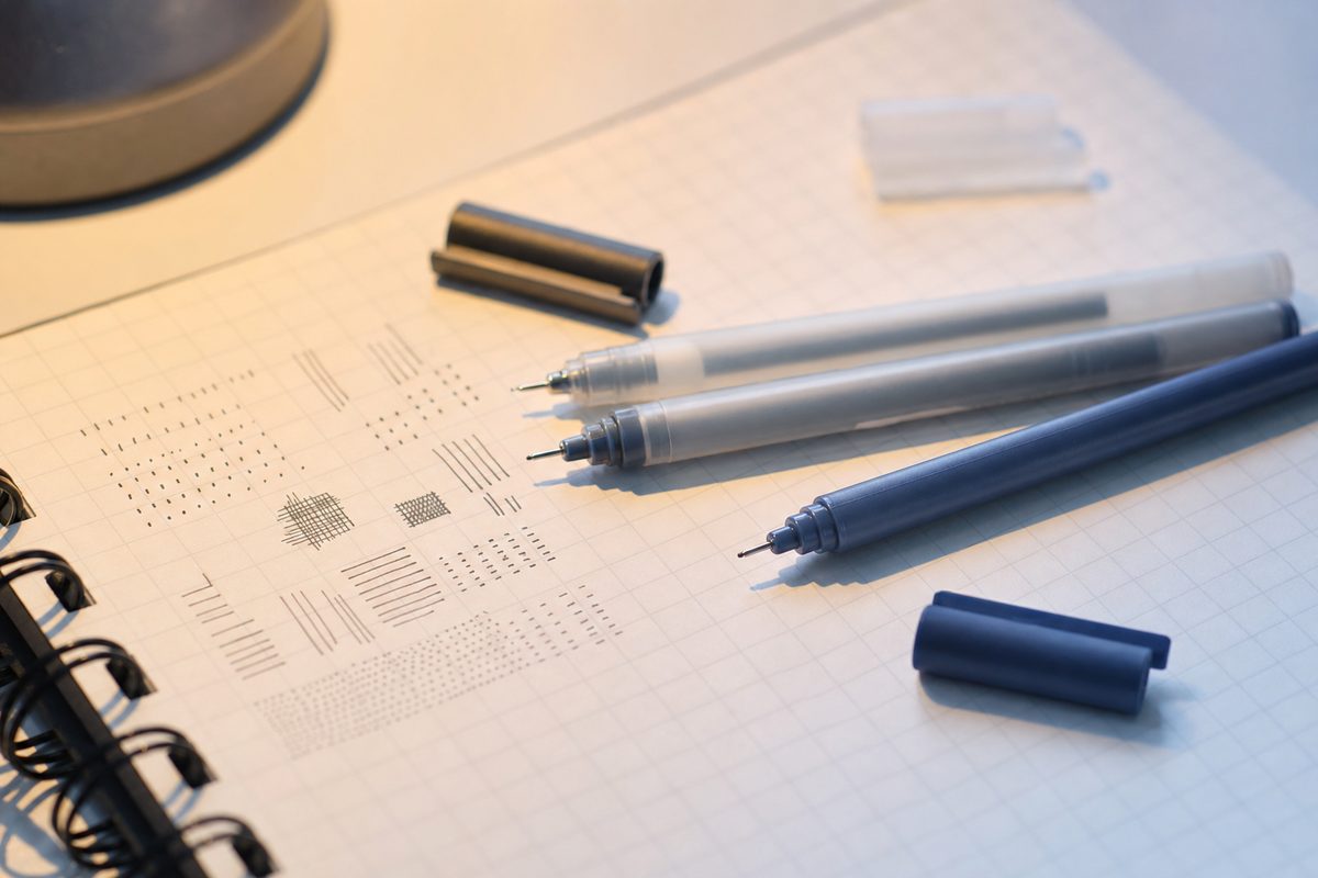 Fine-tip gel pens on a grid notebook with tiny precise writing