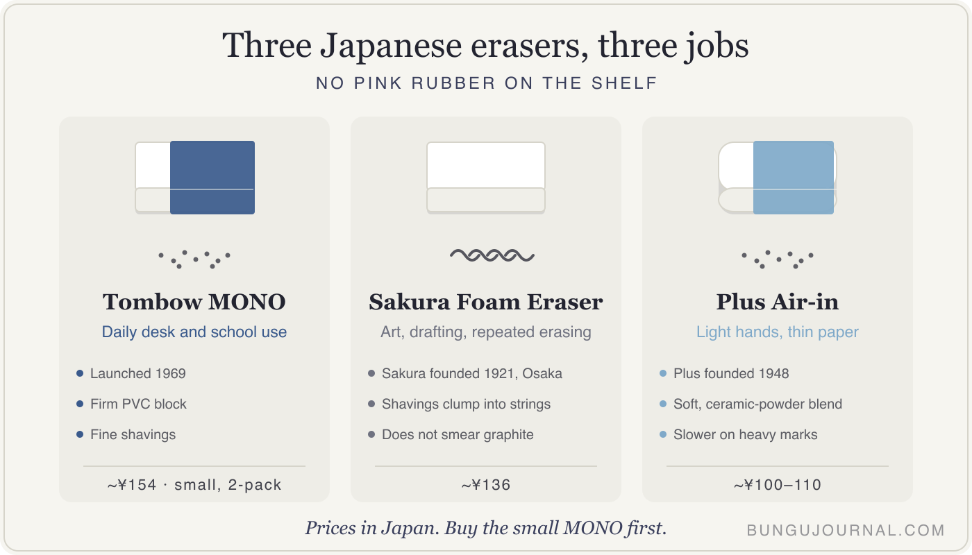 Three Japanese erasers compared: Tombow MONO is a firm PVC block from 1969 for everyday use, Sakura Foam Eraser clumps its shavings into strings so it never smears graphite, and Plus Air-in uses a ceramic-powder blend for a lighter touch on thin paper